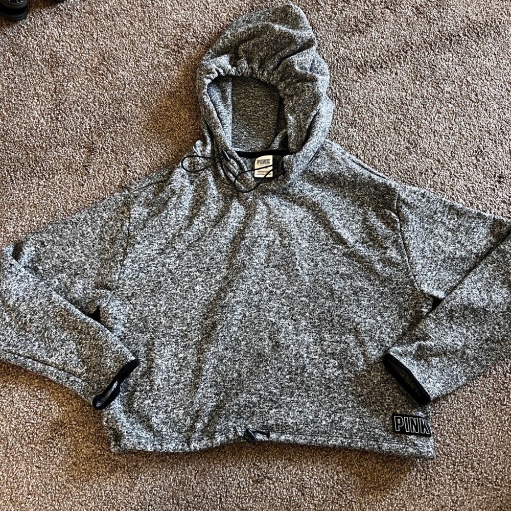 PINK Victoria's Secret Gray Pullover Hoodie Drawstring Cropped Large - Picture 2 of 7